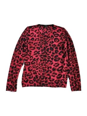 Talbots 100% Merino Wool Sweater Cardigan Animal Print Red Black Crew Neck Mob M